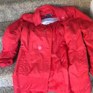 Worn one time red raincoat
